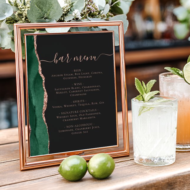 Affiche Menu de bar de mariage Émeraude Rose Or Agate Somb (Créateur téléchargé)