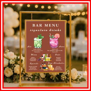 Affiche Menu de bar de mariage en terre cuite orange brûlé