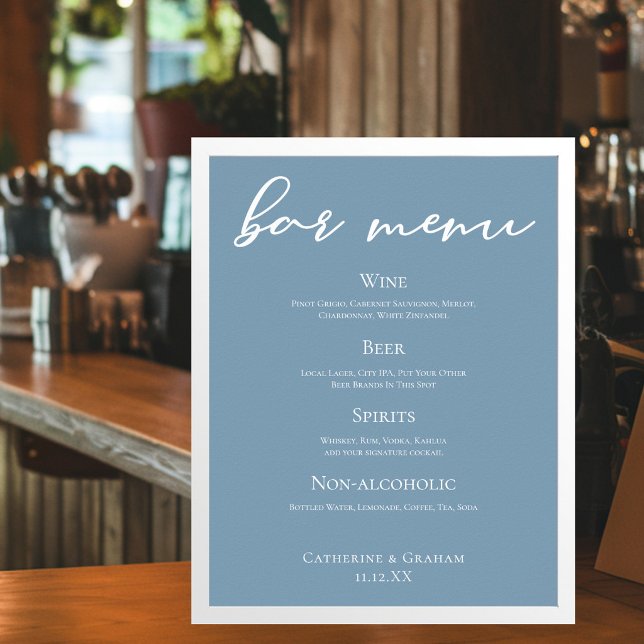Affiche Menu de bar de mariage en typographie bleu poussié (Créateur téléchargé)