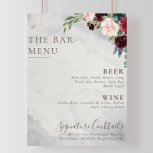 Affiche Menu de bar de mariage Fleurs de Paon Rose Classiq