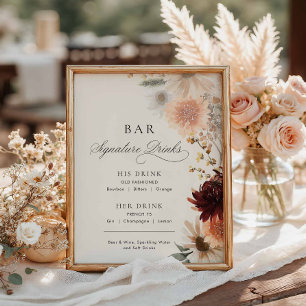 Affiche Menu de bar de mariage floral automnal burgundy