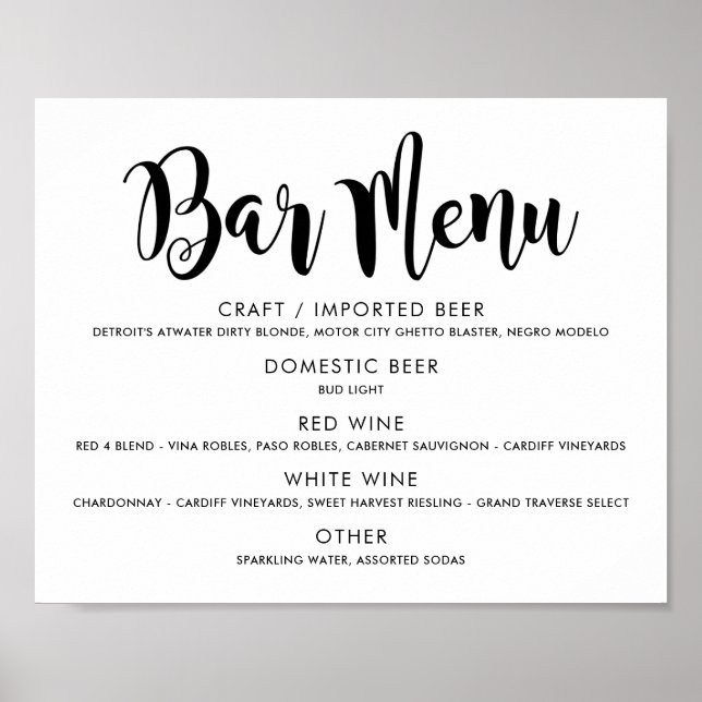 Affiche Menu de bar de mariage moderne écriture pinceau no (Devant)