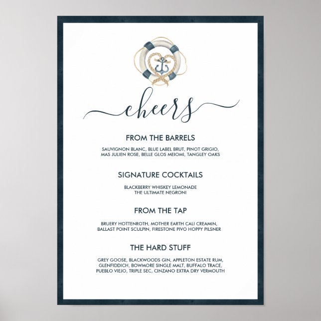 Affiche Menu de bar de mariage Navy & Blanc (Devant)