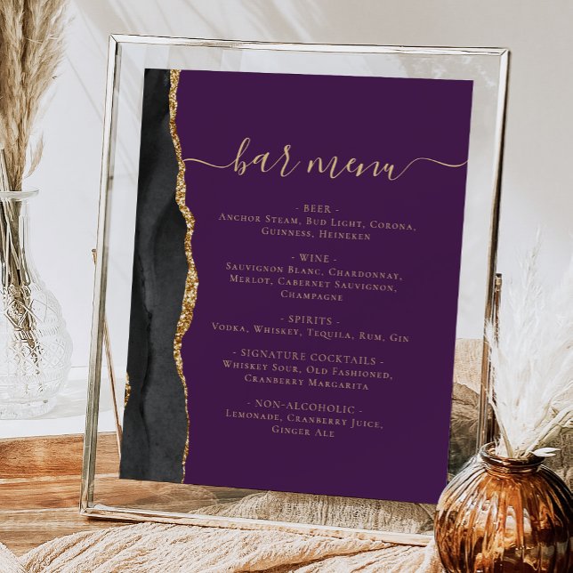 Affiche Menu de bar de mariage noir or agate violet (Créateur téléchargé)