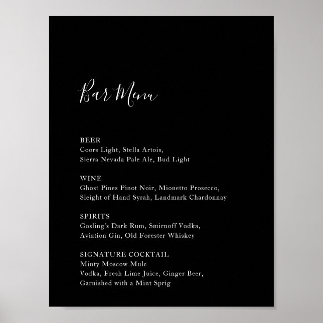 Affiche Menu de bar de mariage noir pour pancarte de récep (Devant)