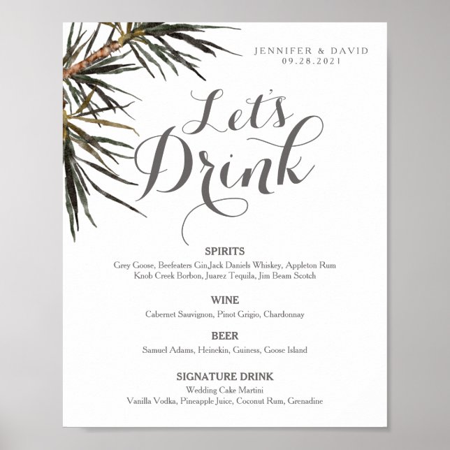 Affiche Menu de bar de mariage tropical bohème, enseigne o (Devant)