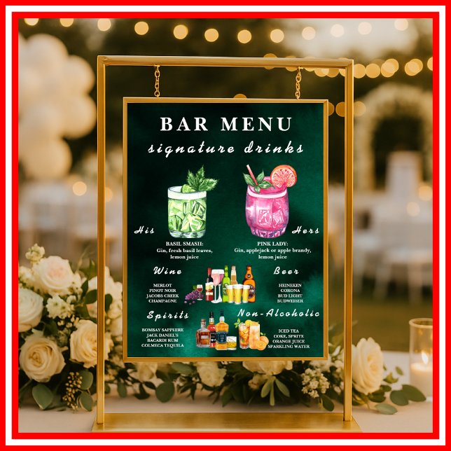 Affiche Menu de bar de mariage vert émeraude  (Créateur téléchargé)