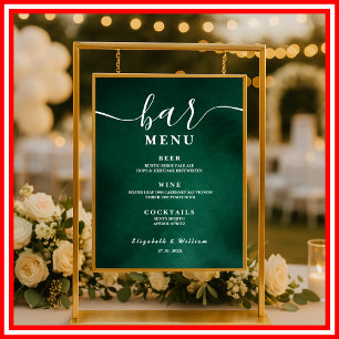 Affiche Menu de bar de mariage vert émeraude