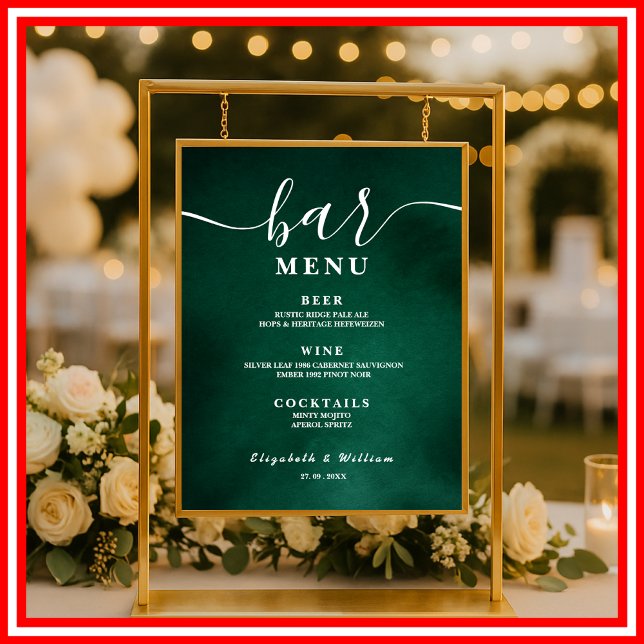 Affiche Menu de bar de mariage vert émeraude  (Créateur téléchargé)