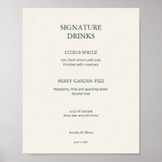 Affiche Menu de bar de mariage vert ivoire - Panneau de bo