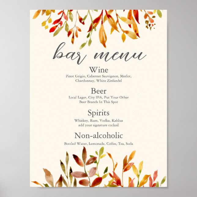 Affiche Menu de bar élégant pour mariage d'automne personn (Devant)