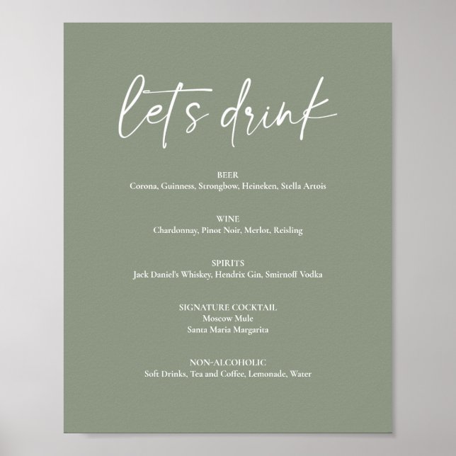 Affiche Menu de Boisson de Mariage Bohème Vert Sauge Minim (Devant)