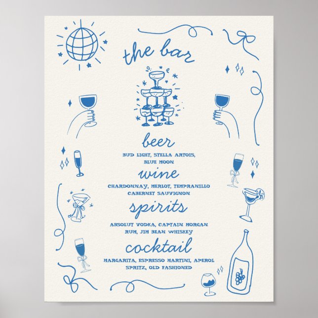 Affiche Menu de boissons de bar à dessin animé pour mariag (Devant)