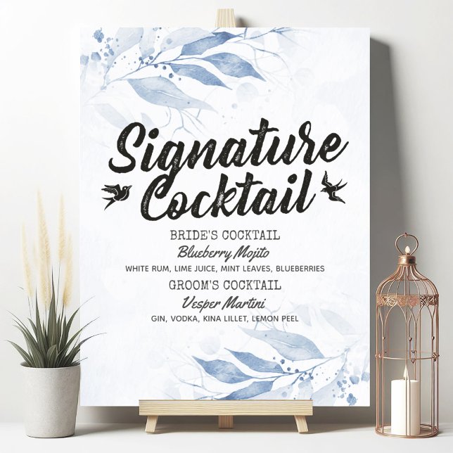 Affiche Menu de boissons de mariage aux feuilles à l'aquar (Créateur téléchargé)