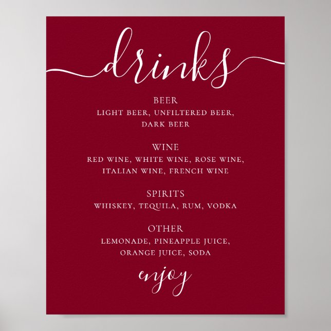 Affiche Menu de boissons de mariage classique écriture Bou (Devant)