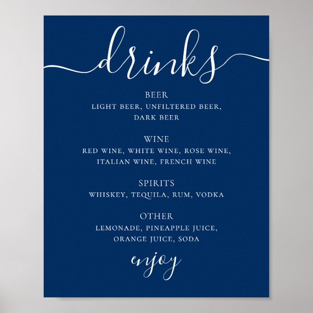 Affiche Menu de boissons de mariage Deep Blue Navy | Menu  (Devant)