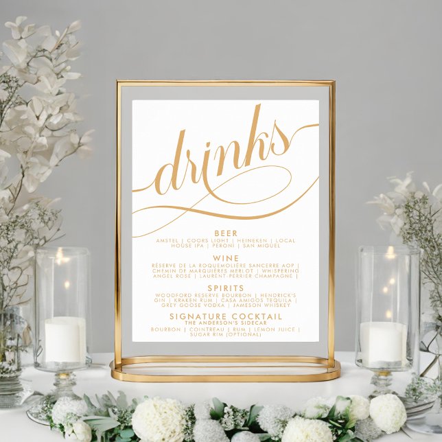 Affiche Menu de Boissons de Mariage Élégant Script Or (Créateur téléchargé)