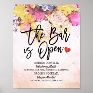 Affiche Menu de Boissons de Mariage Floral Élégant Le Bar 