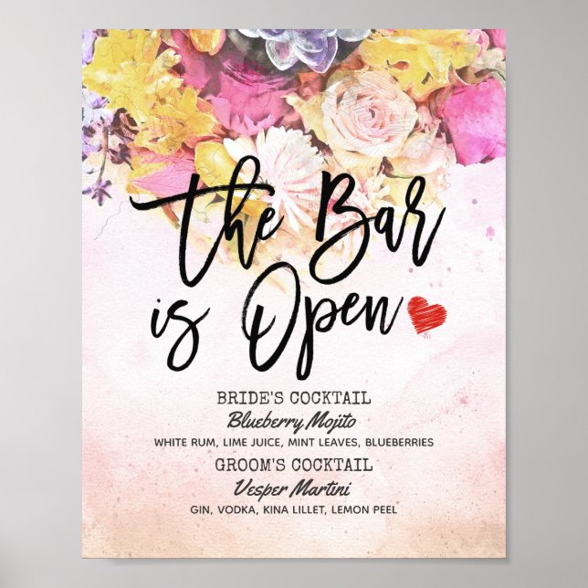 Affiche Menu de Boissons de Mariage Floral Élégant Le Bar  (Devant)