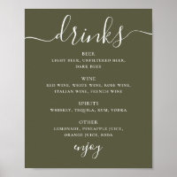 Menu de boissons de mariage vert olive assourdi | 