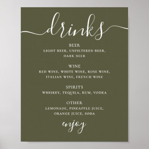 Affiche Menu de boissons de mariage vert olive assourdi   