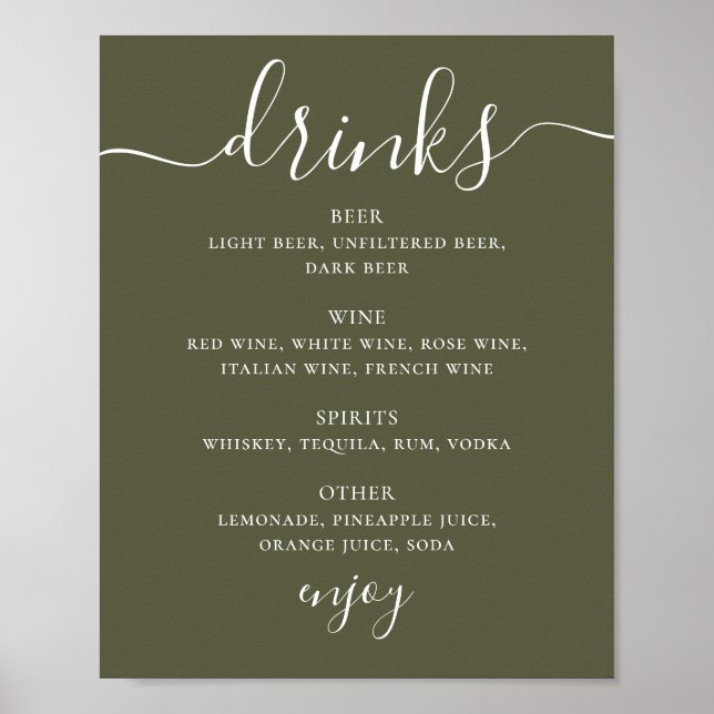 Affiche Menu de boissons de mariage vert olive assourdi |  (Devant)