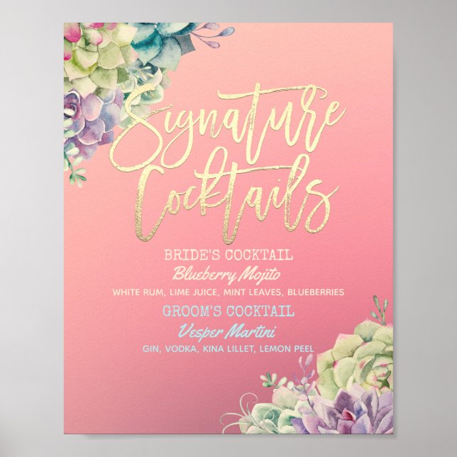 Affiche Menu de boissons de signature de mariage aquarelle (Devant)
