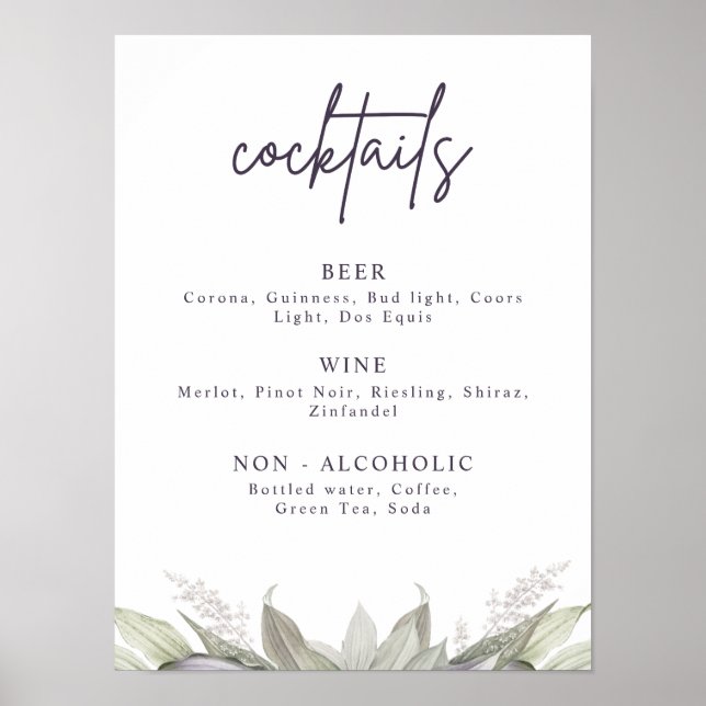 Affiche Menu de boissons floral violet et vert aéré, Fête (Devant)