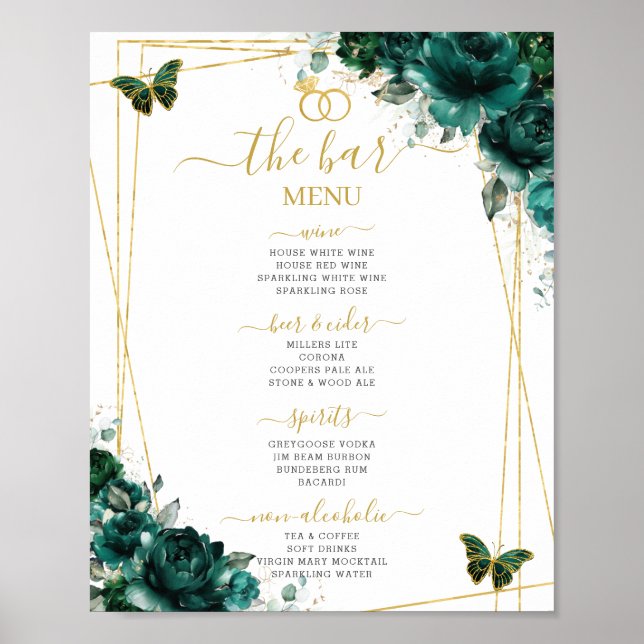 Affiche Menu de cocktail de mariage floral vert émeraude p (Devant)