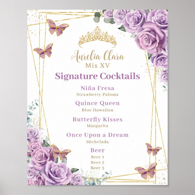 Affiche Menu de cocktail de Quinceanera florale lilas viol (Devant)