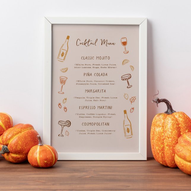 Affiche Menu de cocktail signature dessiné à la main pour  (Friendsgiving or Thanksgiving signature cocktail menu sign with fall doodles)