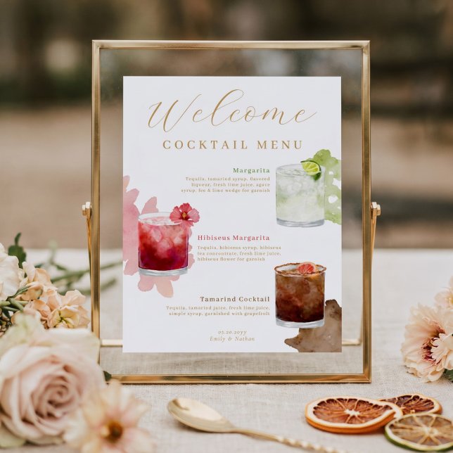 Affiche Menu de cocktails aquarelle de bienvenue pour mari (Welcome Watercolor Cocktails Wedding Drink Menu Poster)