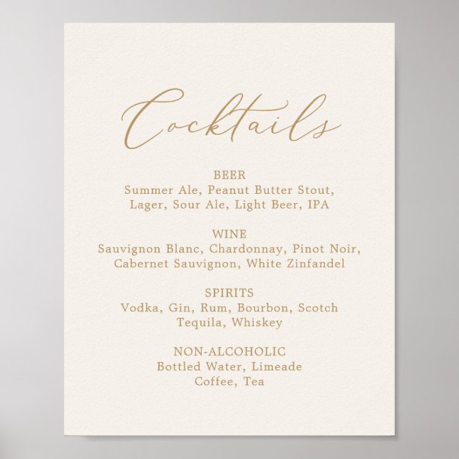 Affiche Menu de cocktails crème calligraphie or délicat (Devant)