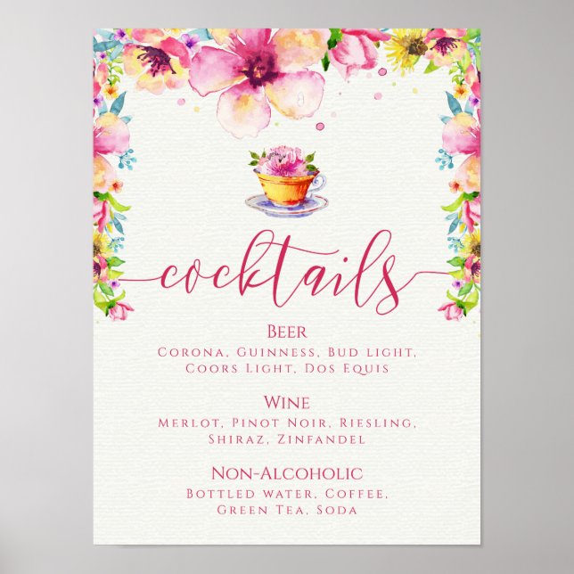 Affiche Menu de cocktails pour un thé fleuri rose (Devant)