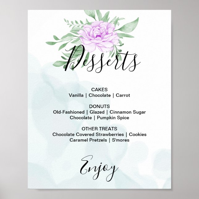 Affiche Menu de dessert de mariage Eucalyptus Rose pourpre (Devant)