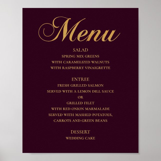 Affiche Menu de dîner de mariage or. Simple élégant Bourgo (Devant)