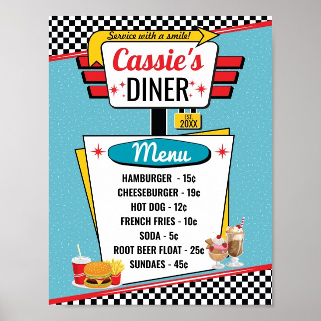 Affiche Menu de diner rétro des années 50 sarcelle, rouge, (Devant)