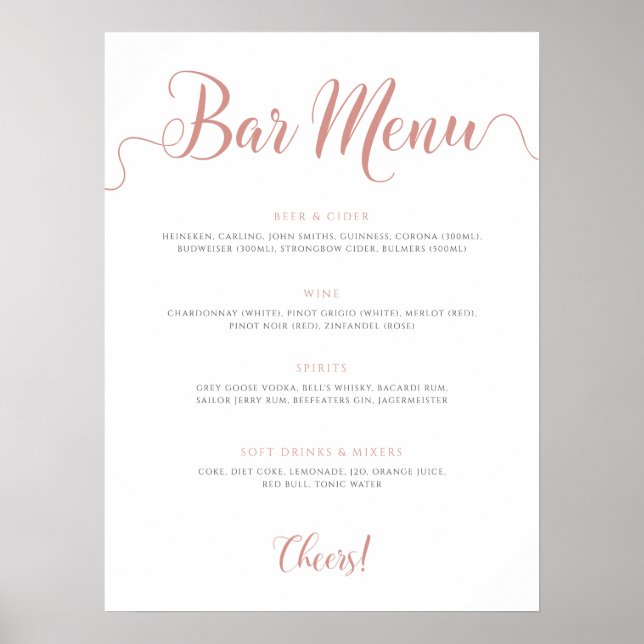 Affiche Menu de la barre de Mariage rose Gold (Devant)