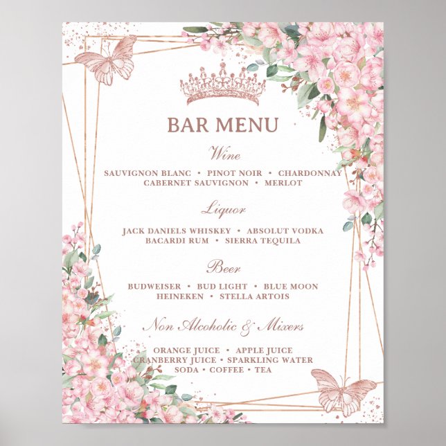 Affiche Menu de la barre des papillons Gold Rose de fleurs (Devant)
