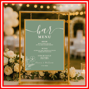 Affiche Menu de la barre Mariage Fleur sauvage Sage Green