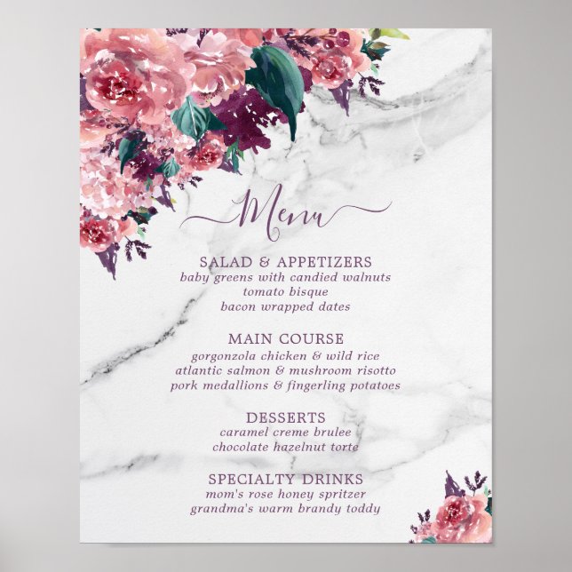 Affiche Menu de la fête des mères en marbre floral rose vi (Devant)