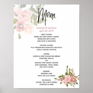 Affiche Menu de mariage à l'aquarelle florale Rose et Or R