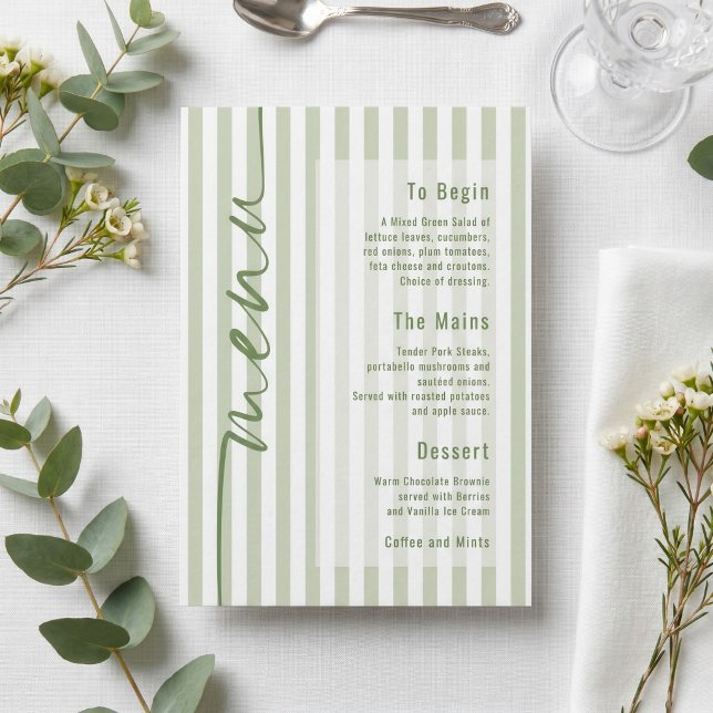 Affiche Menu de mariage à rayures vertes calligraphiées (Créateur téléchargé)