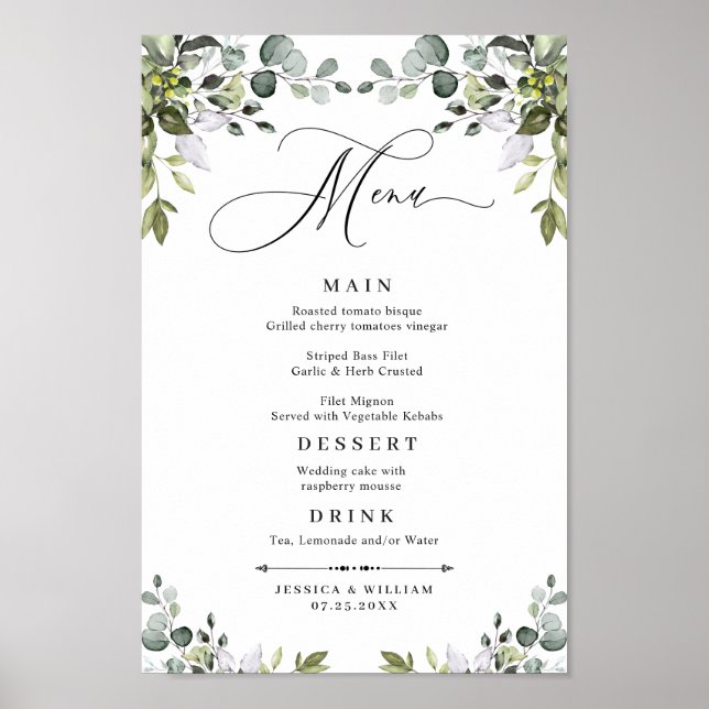 AFFICHE MENU DE MARIAGE AU FEUILLAGE D'EUCALYPTUS (Devant)