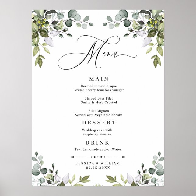 AFFICHE MENU DE MARIAGE AU FEUILLAGE D'EUCALYPTUS (Devant)