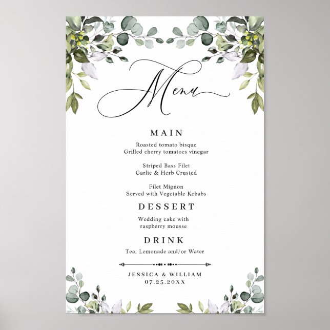 Affiche MENU de mariage avec verdure d'eucalyptus (Devant)