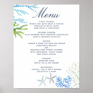 Affiche Menu de mariage de plage aux algues à l'aquarelle
