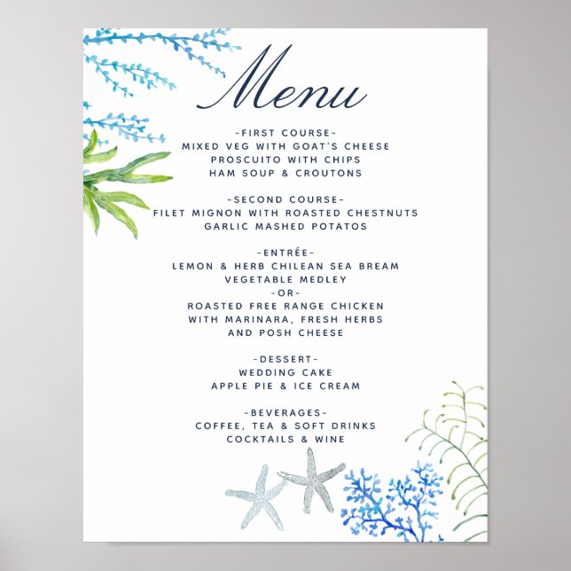 Affiche Menu de mariage de plage aux algues à l'aquarelle (Devant)