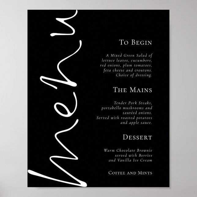 Affiche Menu de mariage élégant écriture simple noir (Devant)