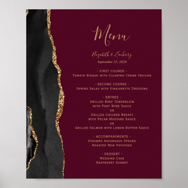 Affiche Menu de mariage élégant noir or bordeaux sur table (Devant)